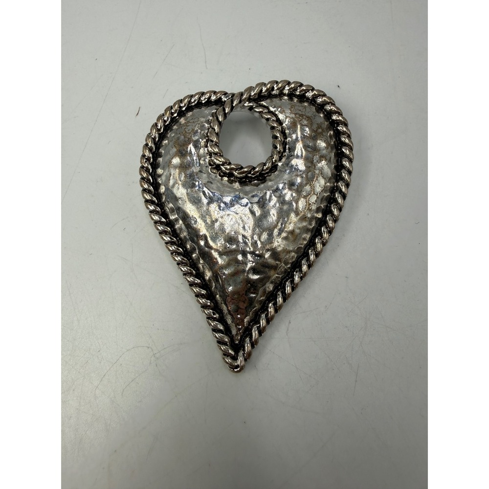 Vintage Hammered Heart Slide Pendant Silver Tone Rope Border Large Statement